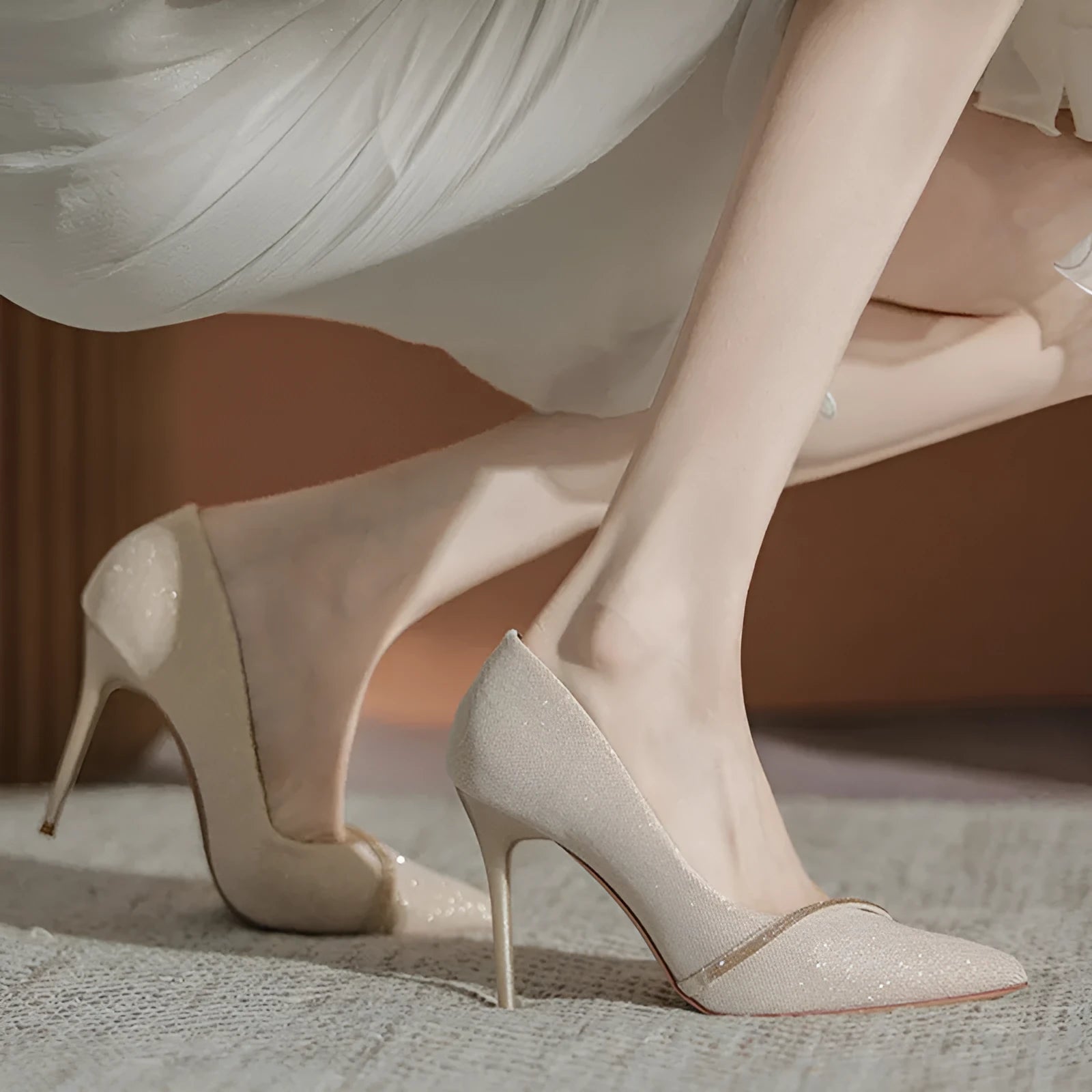 Gold and black women's pointed toe stiletto high heels on a plain background.