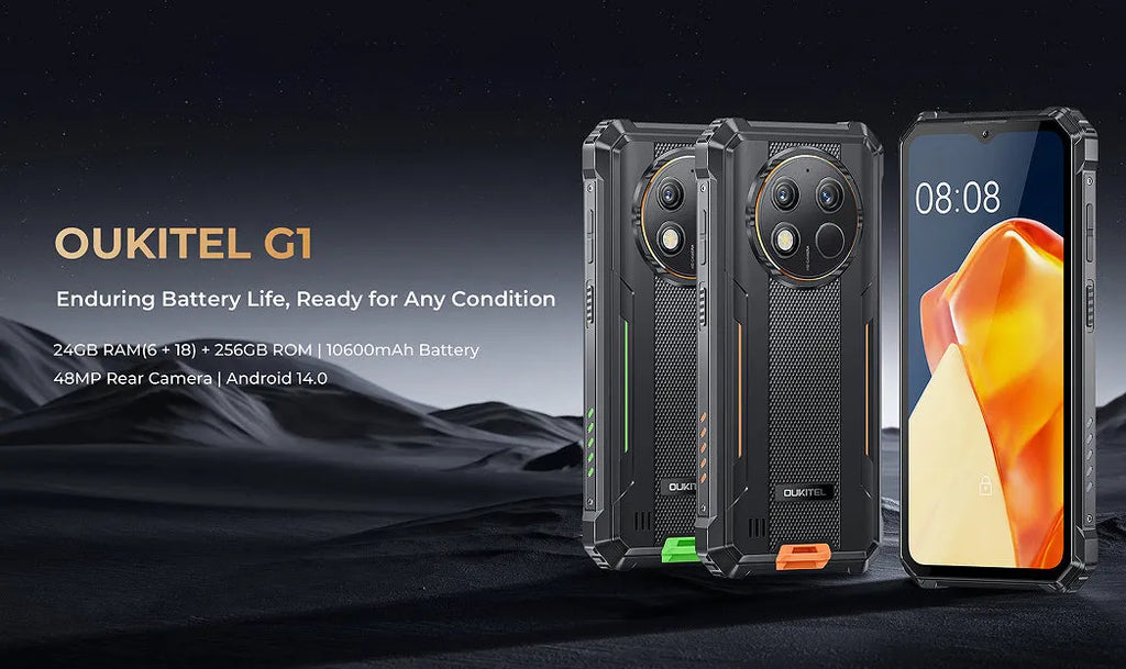 OUKITEL G1 mobile phone in grey, green and orange colour options with charger and manual