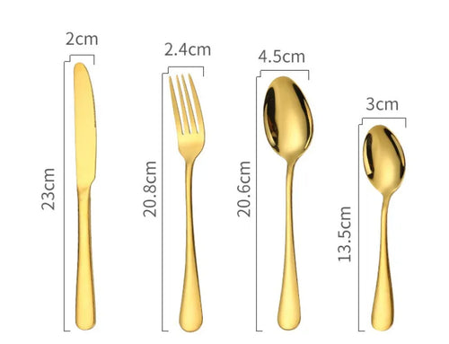24 piece stainless steel tableware set showing knives, forks, and spoons in multiple colour finishes