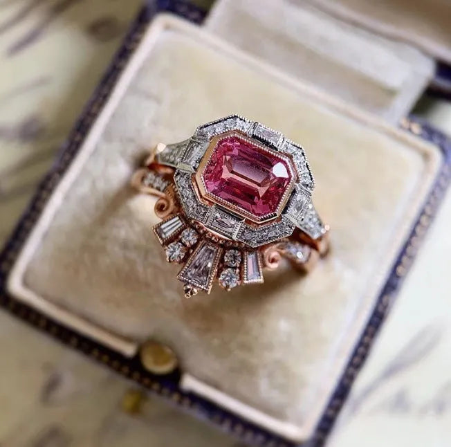 Rose gold geometric women's fashion ring with retro styling in various size options