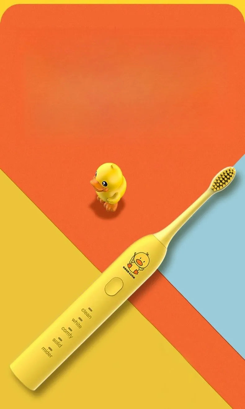 Yellow rechargeable electric toothbrush with small duck design and USB charging cable