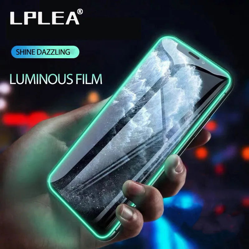 Luminous full cover tempered glass screen protector glowing for iPhone on a dark background.