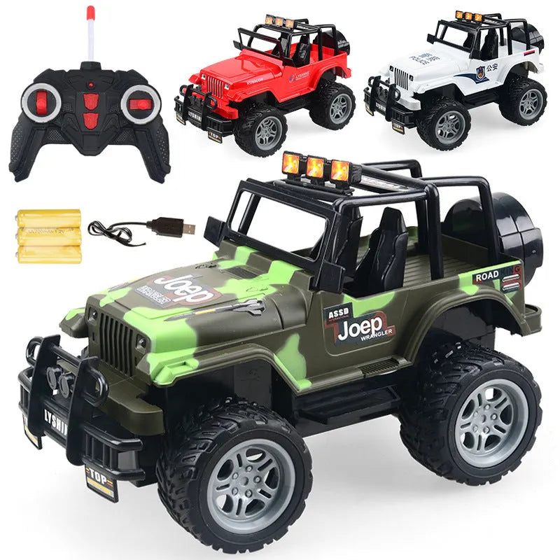 Children's plastic four-way remote control off-road car with flashing lights in green