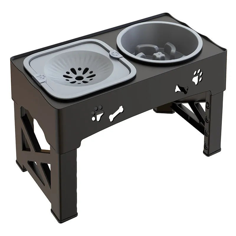 Pet stainless steel double bowl integrated lifting dog feeder in black and gray with silicone base on floor