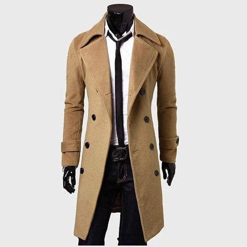 Men's trench coat double breasted lapel collar long coat in Black on mannequin