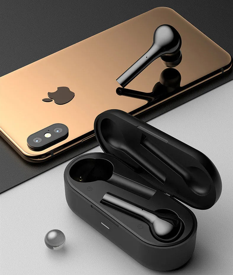 Black and white touch control wireless Bluetooth headset with charging case