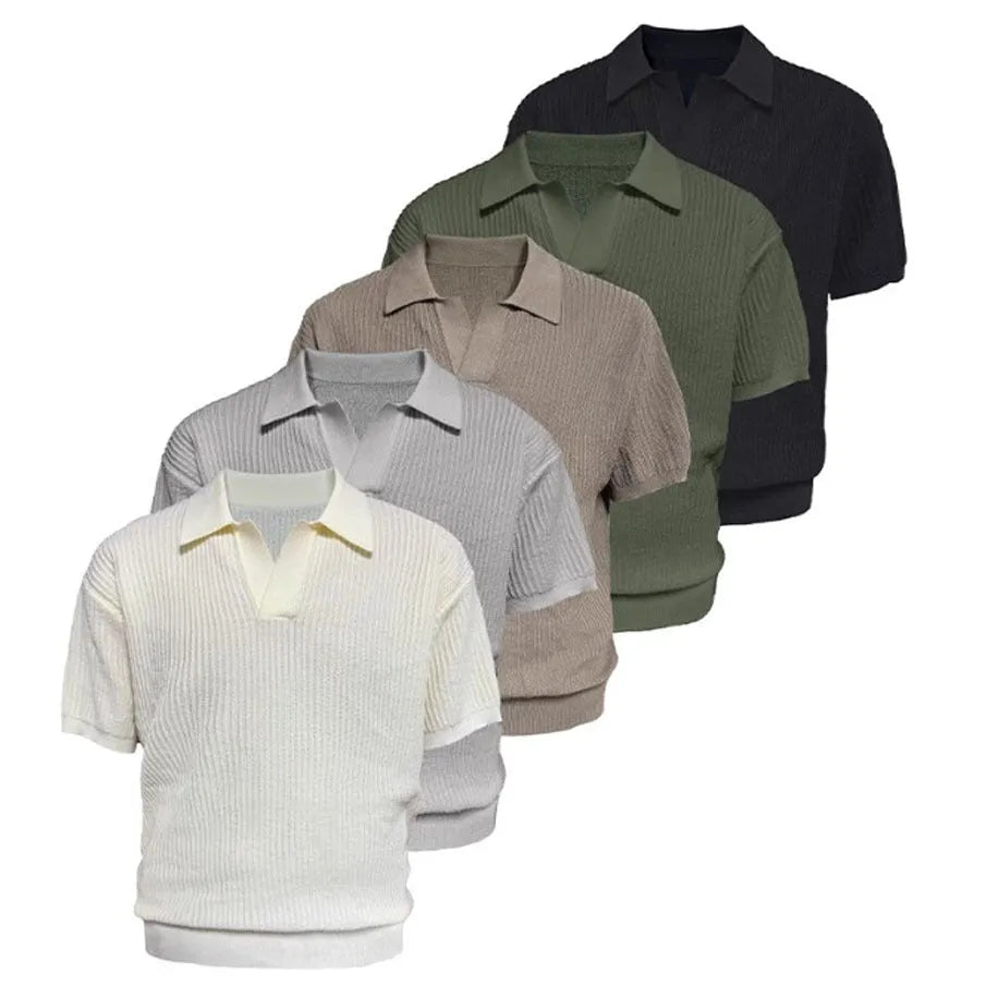 Men's loose thin ice silk polo shirt with business casual stripes in creamy white