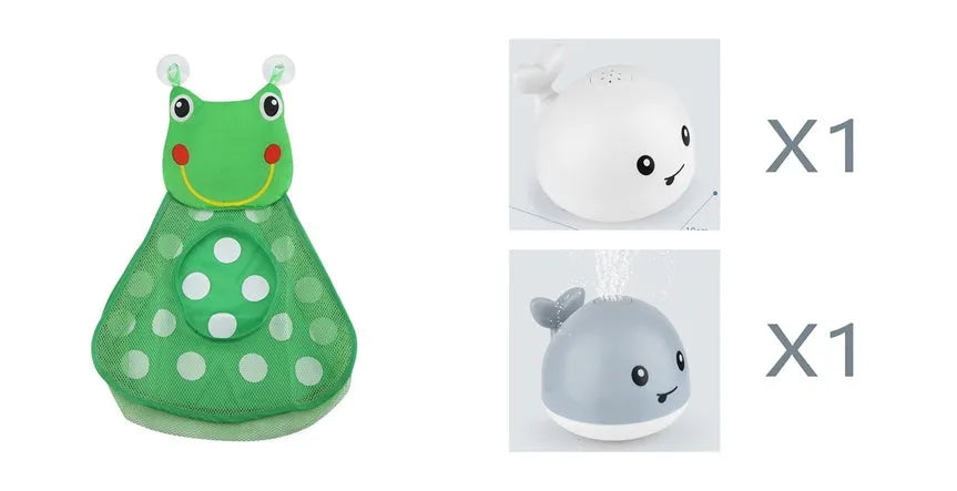 Automatic electric whale bath toy spraying water with LED lights on, floating in a baby bath.