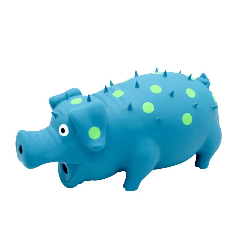 Latex pig-shaped dog chew toy with protruding texture and squeaker in various colours