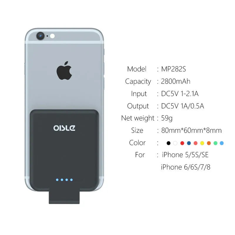 Slim 4500mAh back clip power bank in black, white, blue, pink, or red for iPhone Android Type-C charging