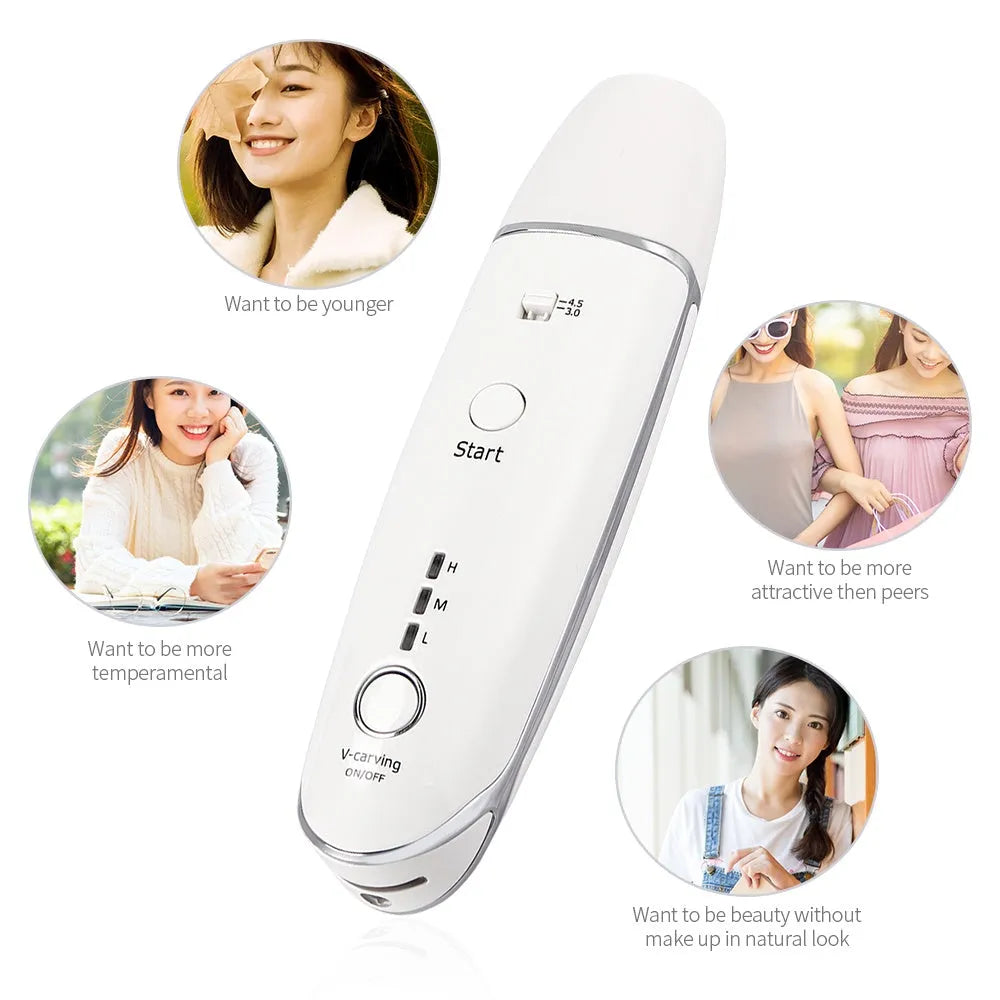 Wrinkle removal V-shape beauty device with RF HIFU, 20W, 17x4cm, ABS, includes syringe and adapter.