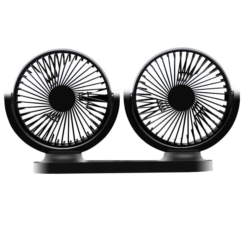 Black dual-head USB car fan with switches, 1.4m cable, ABS housing, 124x12x75mm