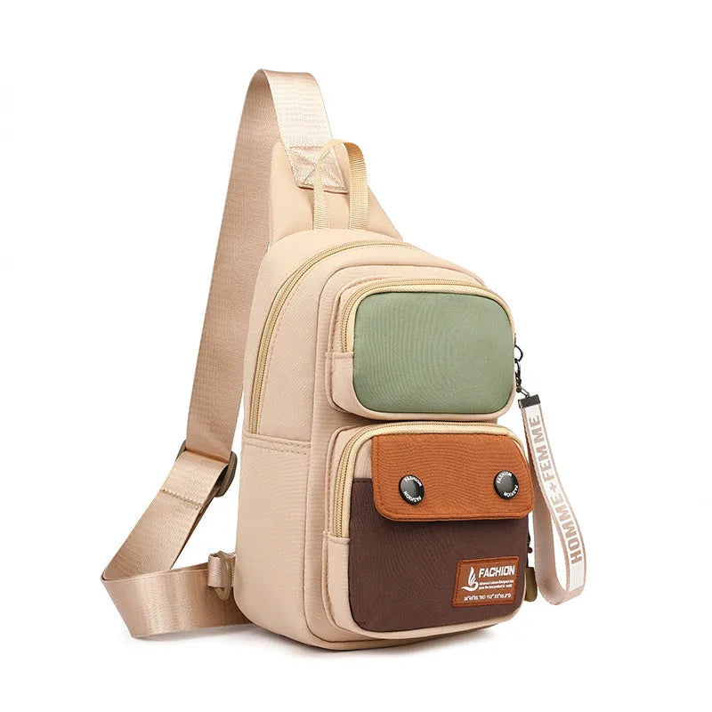 Nylon crossbody shoulder bag for outdoor leisure in beige contrast colour with letter pattern.