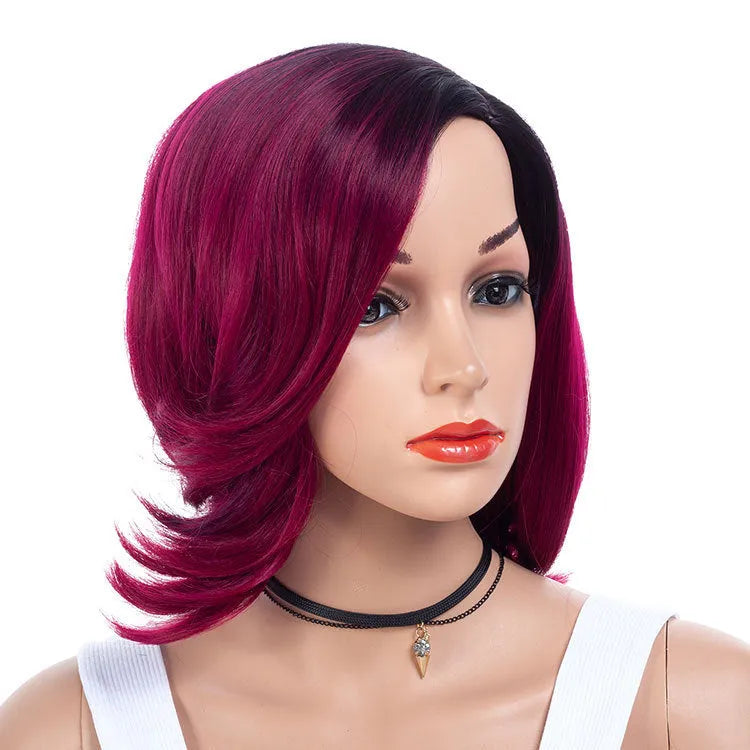 Gradient partial short curly wig in Wine Red showing high temperature wire hairline and 40cm length on a stand