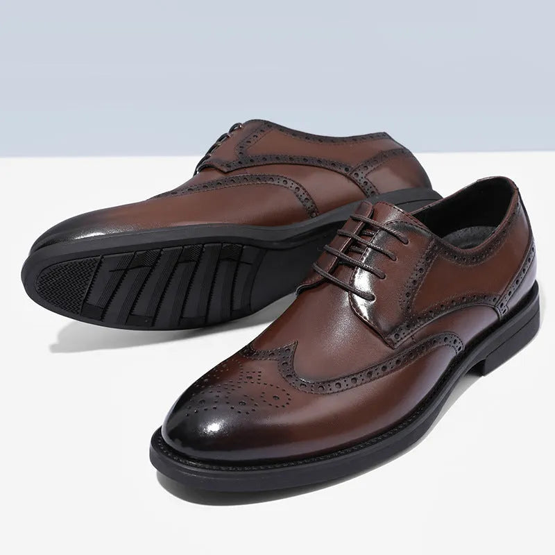 Men's black and brown brogue shoes with traditional perforated patterns, business style with PU leather upper