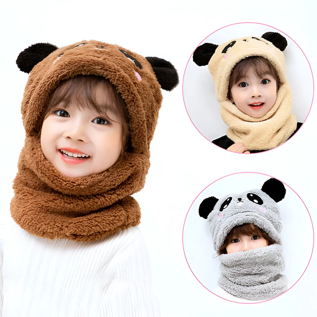 Winter cotton bib hat with panda face embroidery for kids aged 3-10 years, available in multiple colours