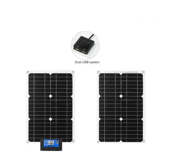 Black and white 180W monocrystalline solar panel with PET surface and ABS controller on a flat surface