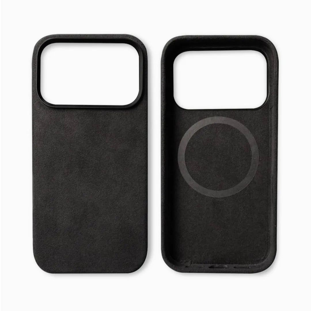 Handmade Alcantara phone case for iPhone 17 Pro Max, dark gray, with magnetic suction and anti-fingerprint finish