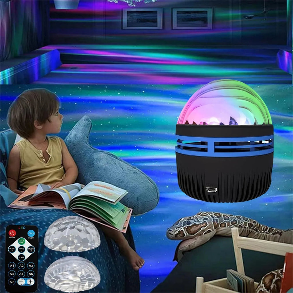 LED star galaxy projector lamp with removable acrylic shade on a table, showing USB cable.