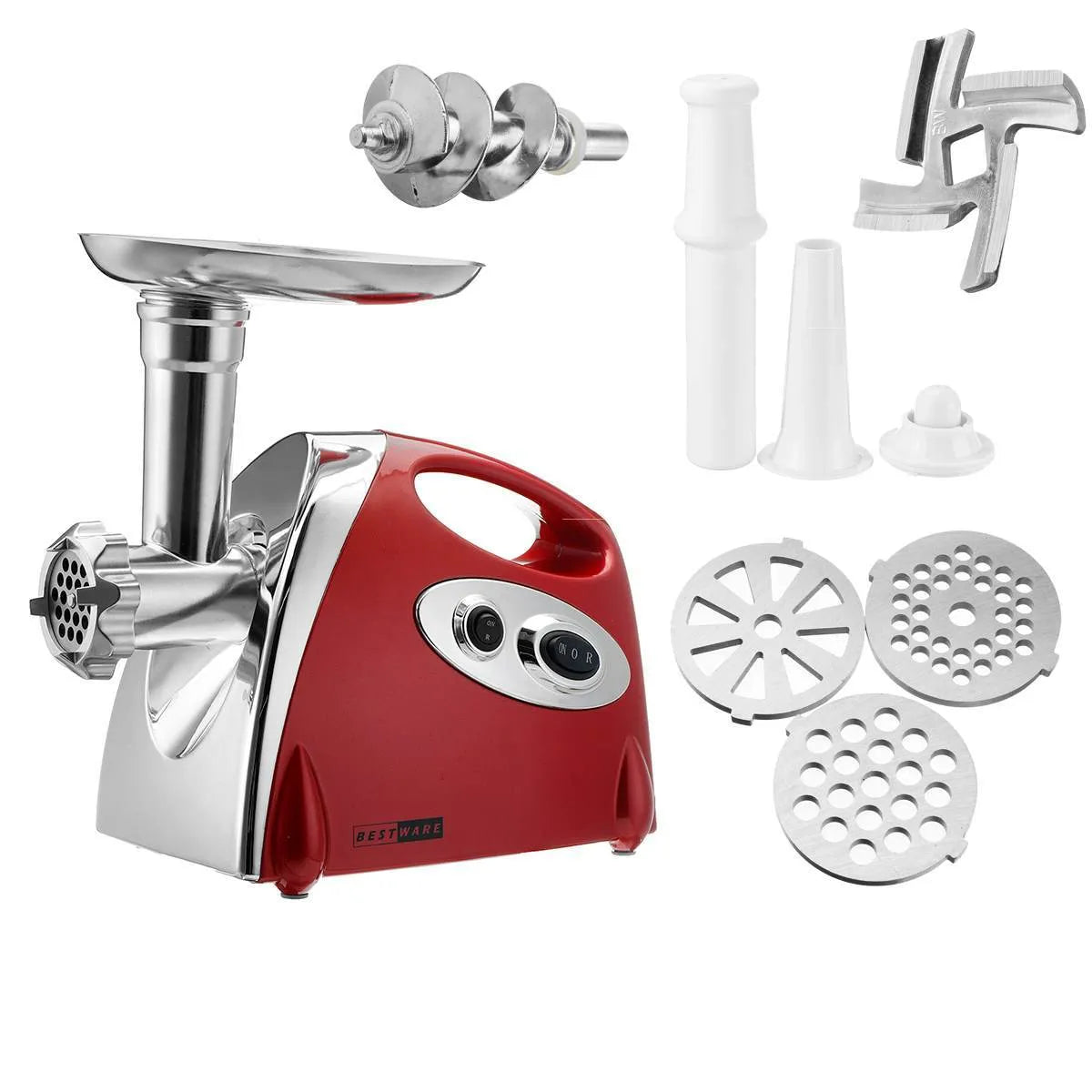 Red electric multifunctional meat grinder with 800W motor and 800g per minute speed, food-grade aluminium alloy and ABS plastic construction