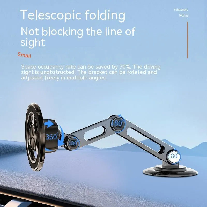 All-metal magnetic car phone holder in silver finish with magnetic ring and adhesive pad