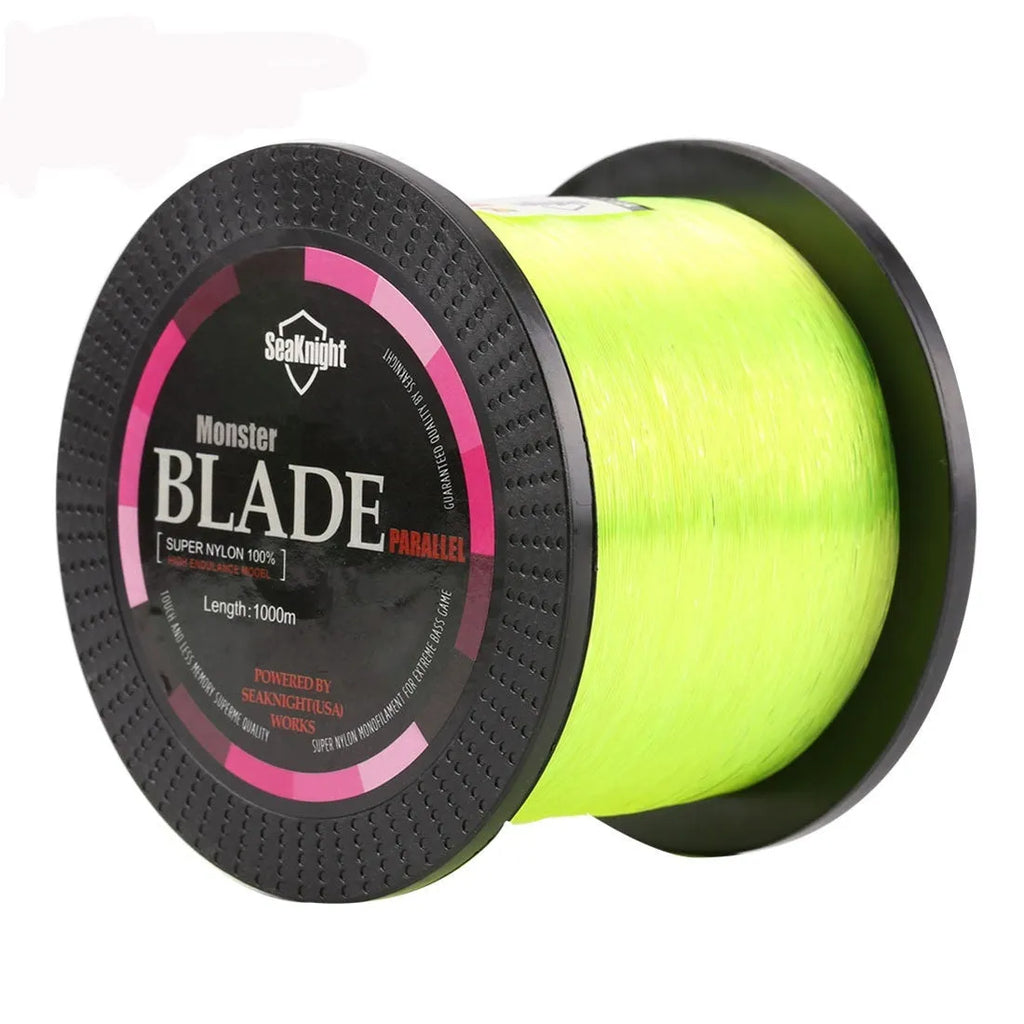 Roll of Seaknight1000 M nylon fishing line showing available colours: white, green, blue, yellow, black.