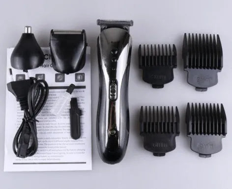 Black electric hair clipper with stainless steel blade, wet and dry use, washable design, 8-hour charge.