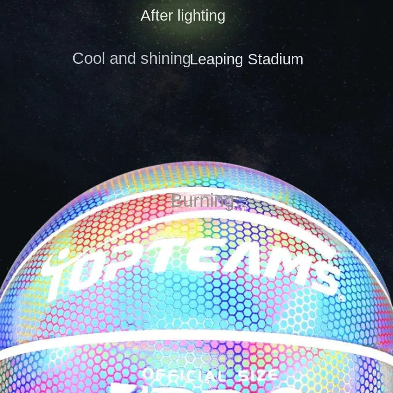 Size 7 fluorescent basketball with holographic reflective surface in chroma and white colours.