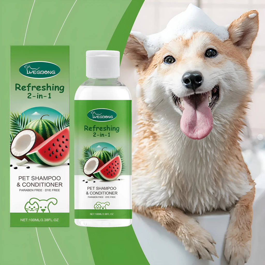 100ml bottle of 2-in-1 pet shampoo and fragrance shower gel with watermelon and coconut extract.