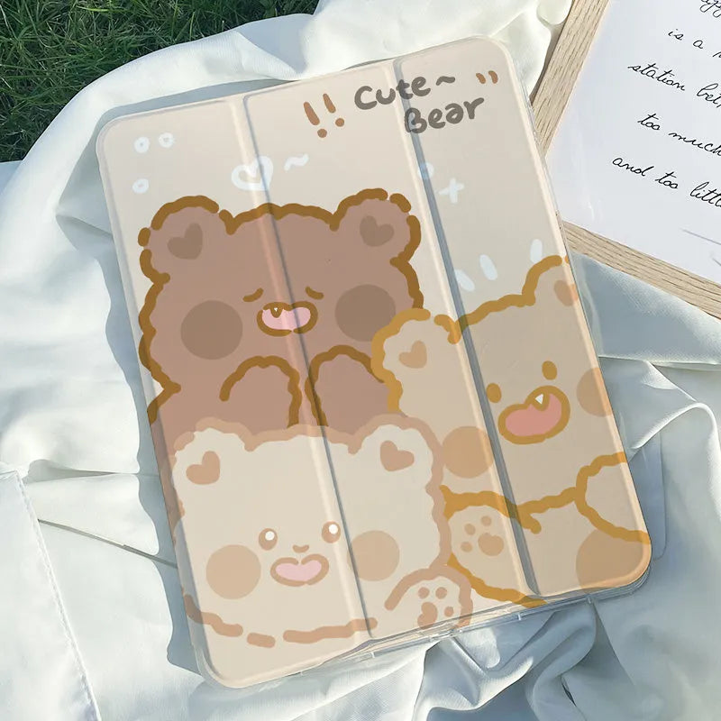 Silicone tri-fold protective case for iPad in cartoon rabbit design, shown in stand mode.
