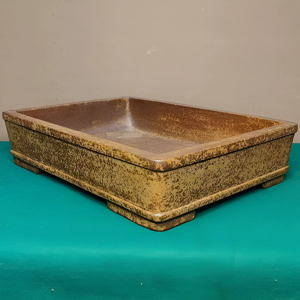 Straight shallow rectangular Yixing Zisha purple sand flowerpot on ground.