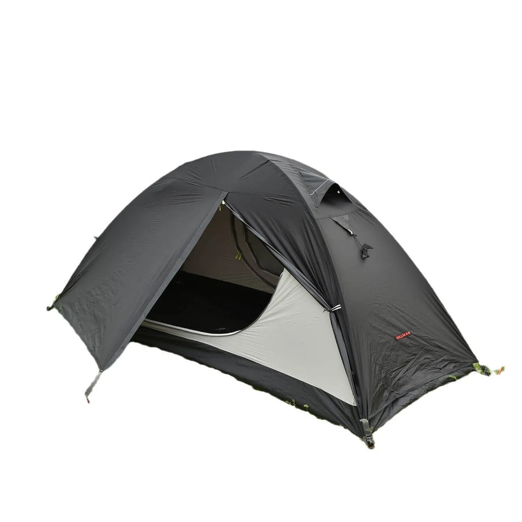 Single person tent with aluminium poles in red, black, or orange colour options, showing double-layer design