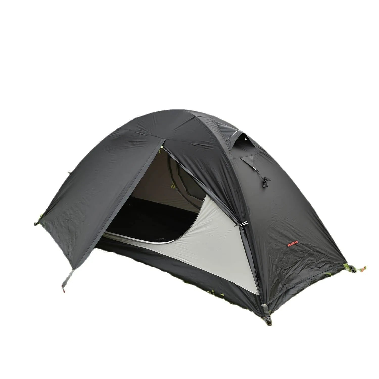 Single person tent with aluminium poles in red, black, or orange colour options, showing double-layer design