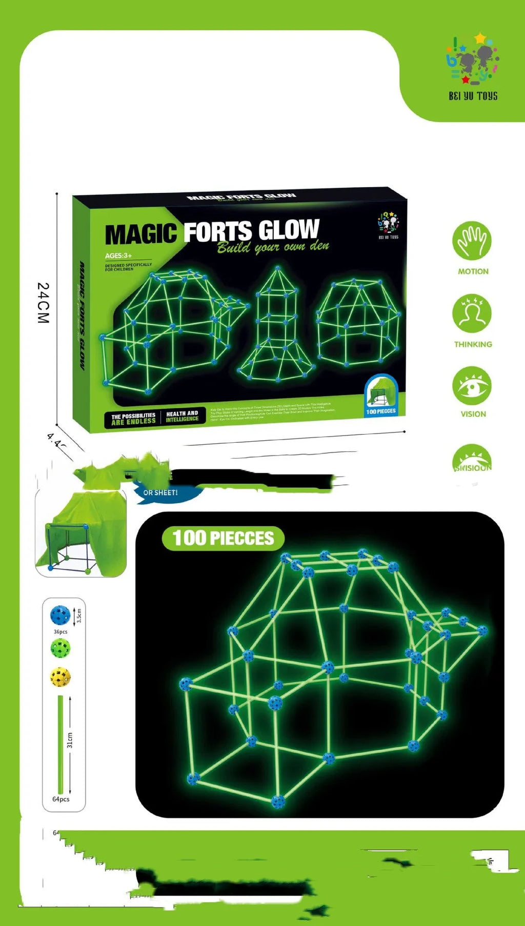 Children's luminous fort building kit with plastic rods, balls and storage bag for creative construction