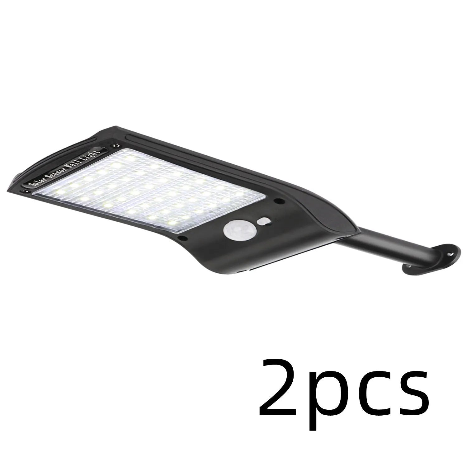 Black solar-powered outdoor wall light with motion sensor and 36 LEDs on an adjustable mount.