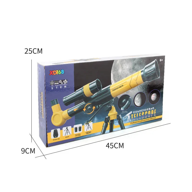White and yellow kids astronomical telescope with tripod stand showing 150X magnification for youth education