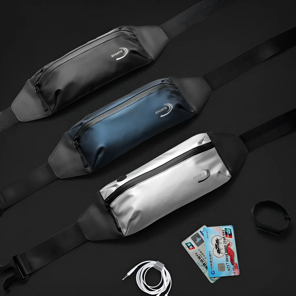 Men's waterproof waist bag in black, blue, and grey colours with 45cm by 10cm by 3cm dimensions