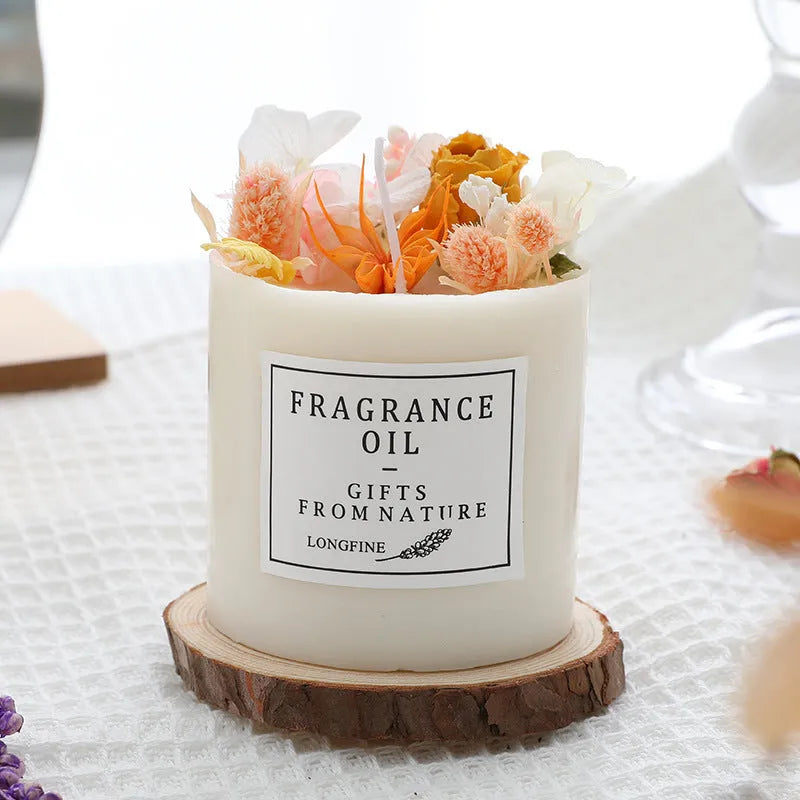 Dried flowers decorative aromatherapy candle with wooden chip base gift packaging
