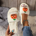 White and yellow pumpkin cartoon plush open toe slippers with synthetic fur upper and PVC sole