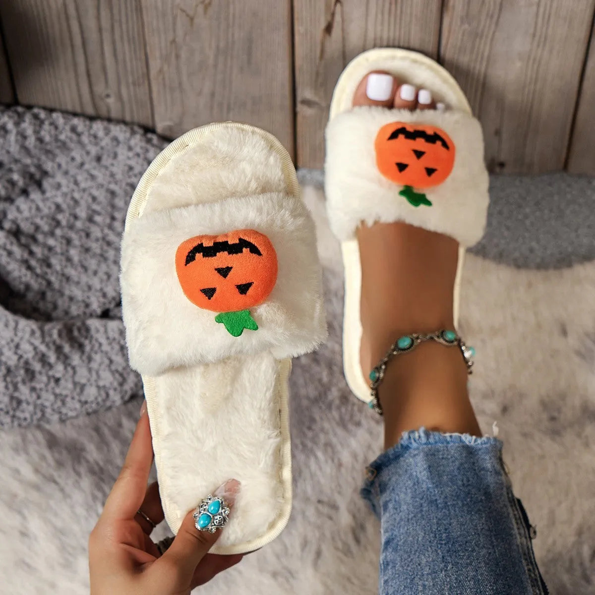 White and yellow pumpkin cartoon plush open toe slippers with synthetic fur upper and PVC sole