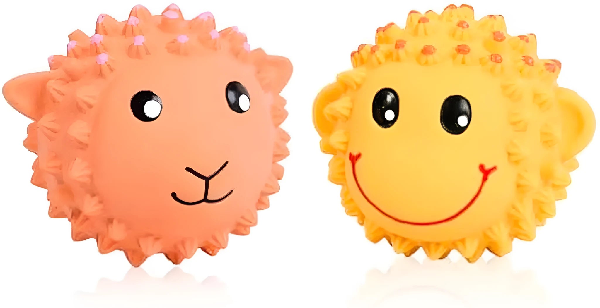 Orange and yellow latex squeaky dog toys with spiky texture for teeth cleaning