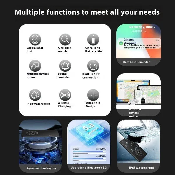 Black slim Find My compatible Bluetooth tracking card with rechargeable battery for keys and wallets.