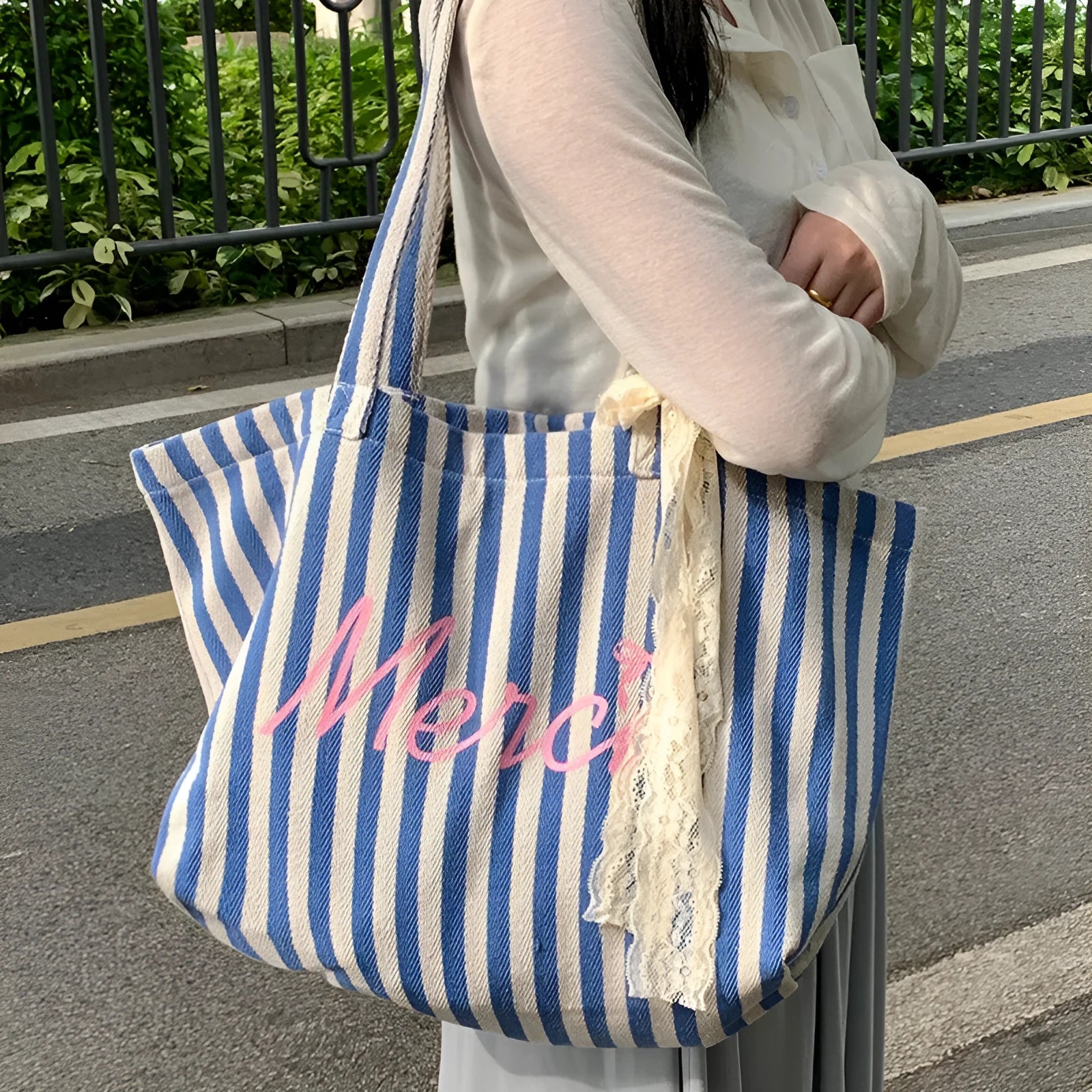 Blue striped letters printed cotton canvas bag in pink blue and white stripes for daily matching