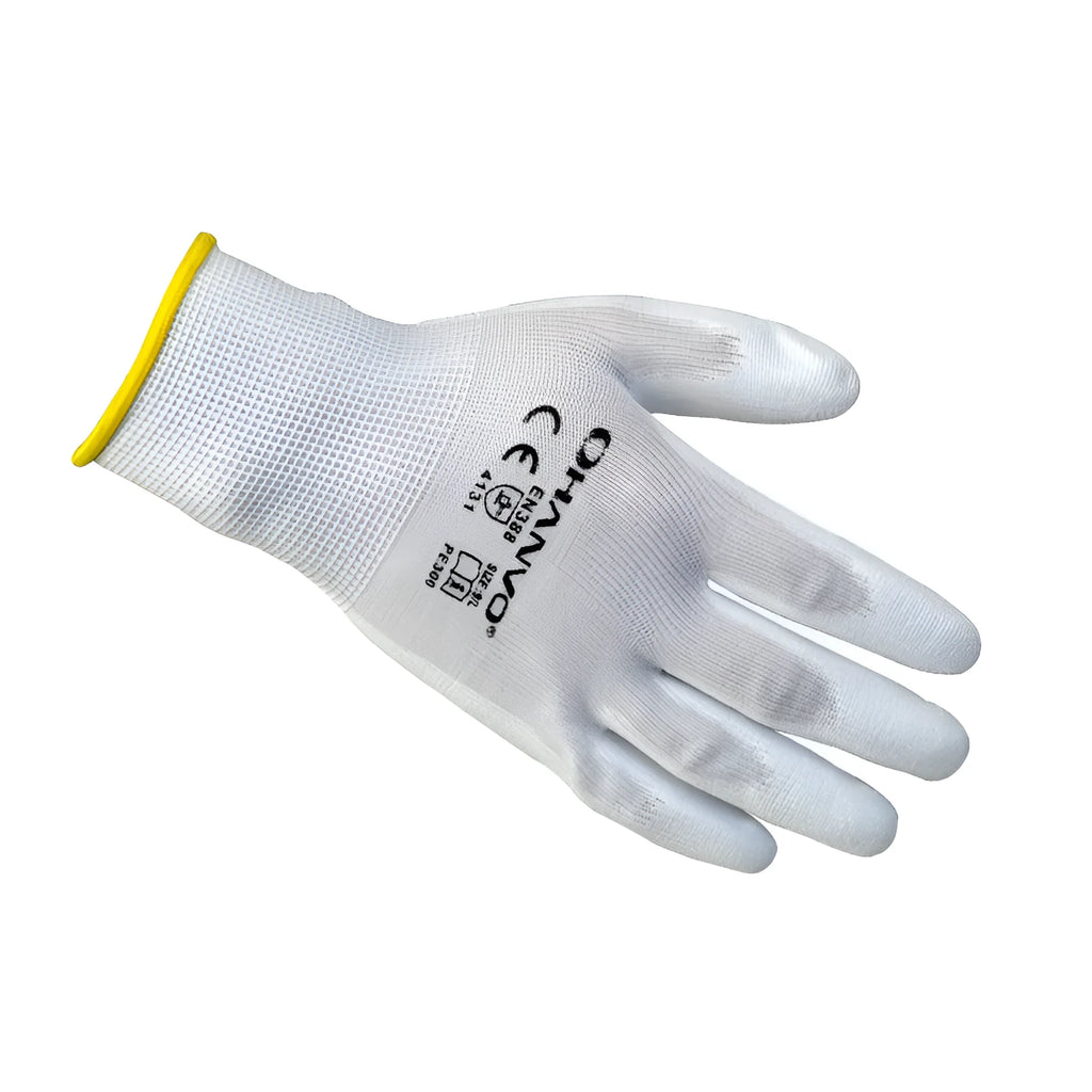 White PU coated work gloves showing flexible material and extended 24 cm cuff length.