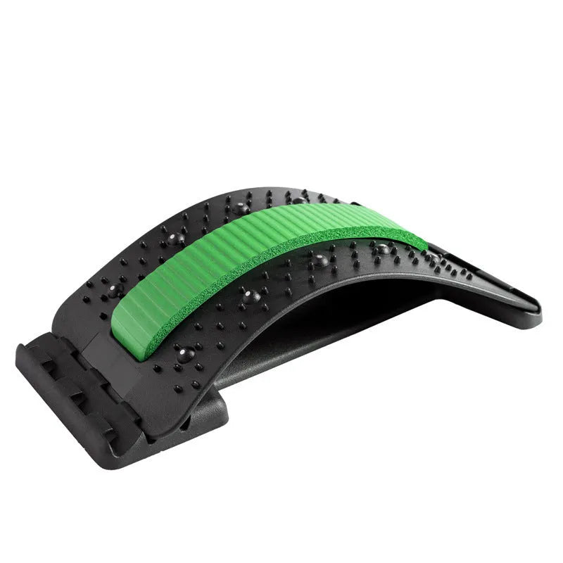 A blue and black adjustable back stretcher with 8 massage heads in a rectangular trapezoid shape for waist and back pain relief.