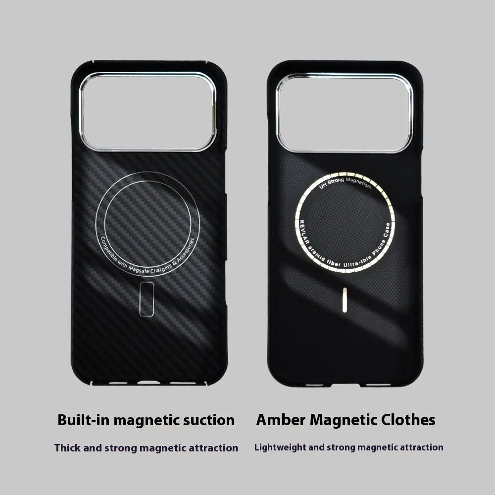 Black aramid fiber magnetic phone case for iPhone 17 Pro Max with lattice pattern and 6D micro relief texture