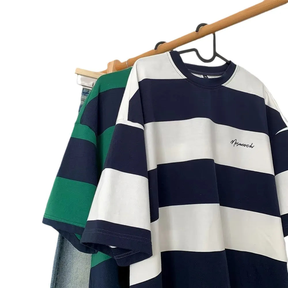 Striped half sleeve shirt in green and white, Japanese-style pullover with loose fit for men.