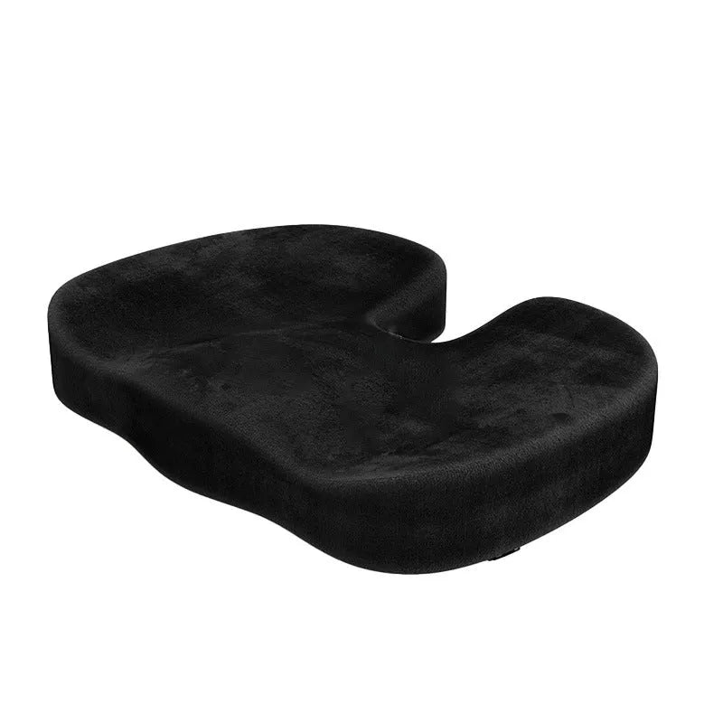 Black U-shaped memory foam seat cushion for office chair tailbone support.
