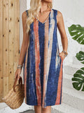 V-neck sleeveless dress with colour block striped design in Japanese Korean casual style