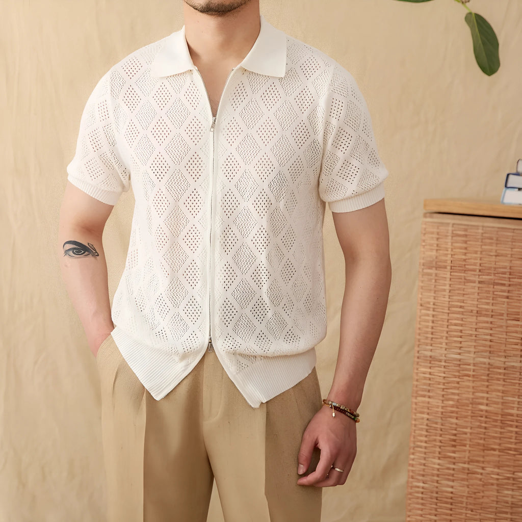 Cotton lapel cardigan top with short sleeves and zip closure in light brown colour